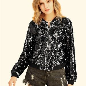 Sequin Sparkle Party Long Sleeve Zipper Bomber Jacket